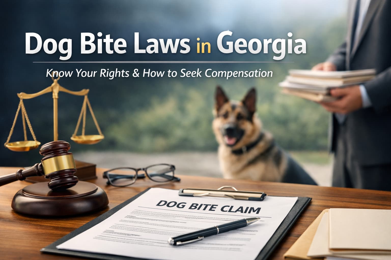 Dog bite laws in Georgia illustrated with legal documents, gavel, and scales of justice alongside a calm dog, representing injury claims and victim rights