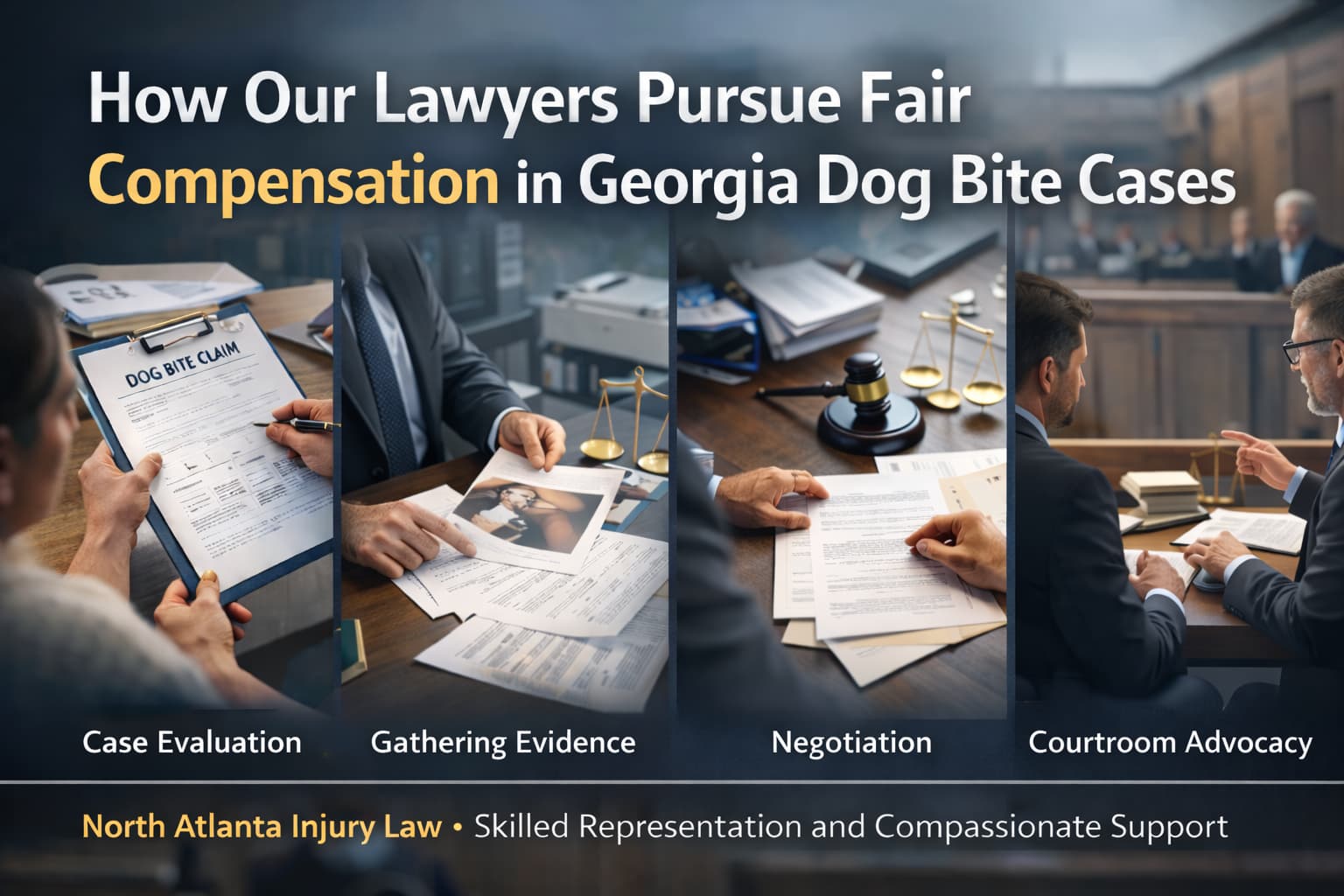 Steps showing how Georgia dog bite lawyers pursue fair compensation, including case evaluation, evidence gathering, negotiation, and courtroom advocacy