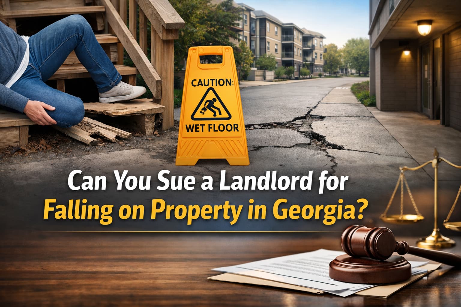 Slip and fall hazard on Georgia rental property showing broken stairs, cracked sidewalk, and caution sign